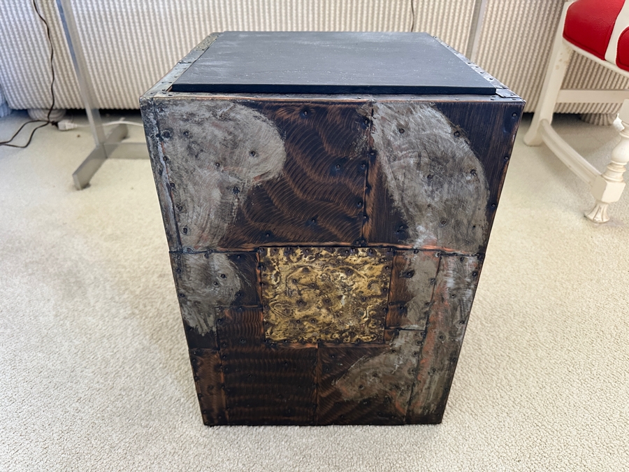 Vintage Mid-Century Modern Paul Evans Studio For Directional Cube Table Model PE 20 With Patinated Copper, Steel & Brass With Slate Top 13.25W X 13.25D X 18.25H Estimate $3,000-$5,000 [Photo 6]