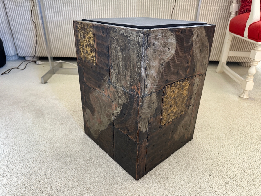 Vintage Mid-Century Modern Paul Evans Studio For Directional Cube Table Model PE 20 With Patinated Copper, Steel & Brass With Slate Top 13.25W X 13.25D X 18.25H Estimate $3,000-$5,000 [Photo 4]
