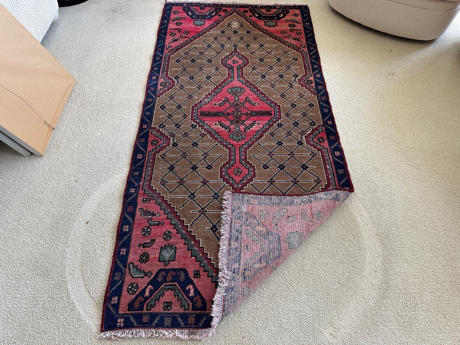 Vintage Hand Knotted Wool Persian Geometric Area Rug 40 X 85 [Photo 6]