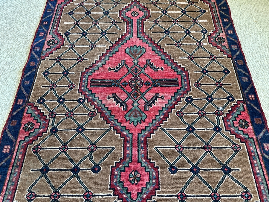 Vintage Hand Knotted Wool Persian Geometric Area Rug 40 X 85 [Photo 3]