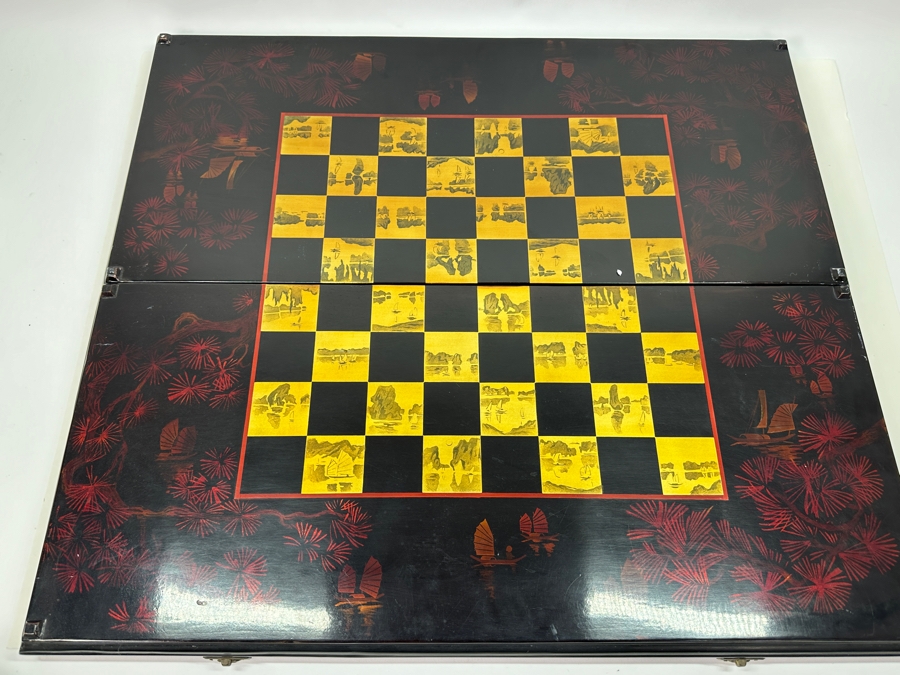 Just Added - Vintage Lacquer Wood Hand Painted Portable Folding Chess Board / Backgammon Board On Reverse 25 X 22 [Photo 8]