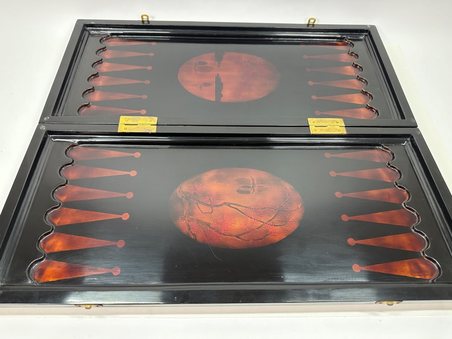Just Added - Vintage Lacquer Wood Hand Painted Portable Folding Chess Board / Backgammon Board On Reverse 25 X 22 [Photo 4]