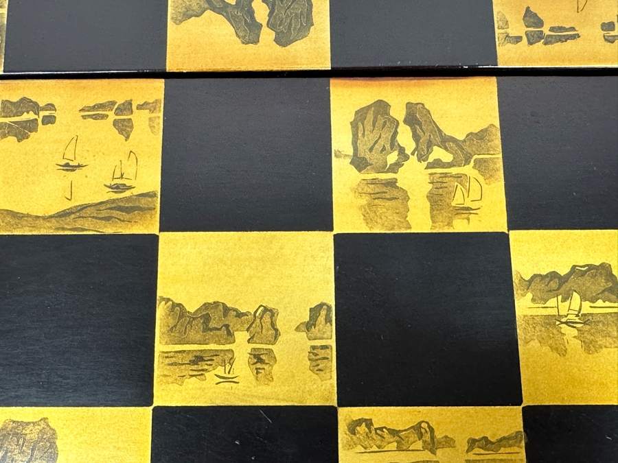Just Added - Vintage Lacquer Wood Hand Painted Portable Folding Chess Board / Backgammon Board On Reverse 25 X 22 [Photo 10]