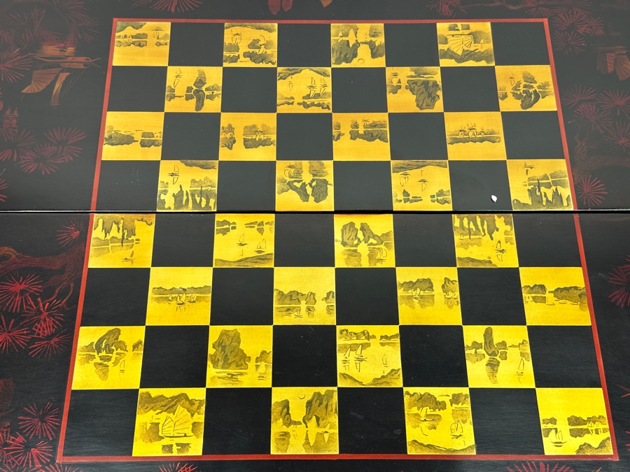 Just Added - Vintage Lacquer Wood Hand Painted Portable Folding Chess Board / Backgammon Board On Reverse 25 X 22 [Photo 9]