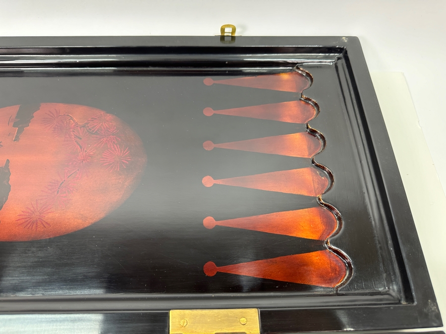 Just Added - Vintage Lacquer Wood Hand Painted Portable Folding Chess Board / Backgammon Board On Reverse 25 X 22 [Photo 6]