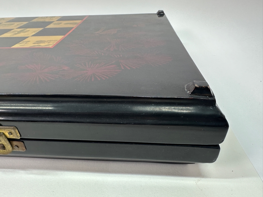 Just Added - Vintage Lacquer Wood Hand Painted Portable Folding Chess Board / Backgammon Board On Reverse 25 X 22 [Photo 3]