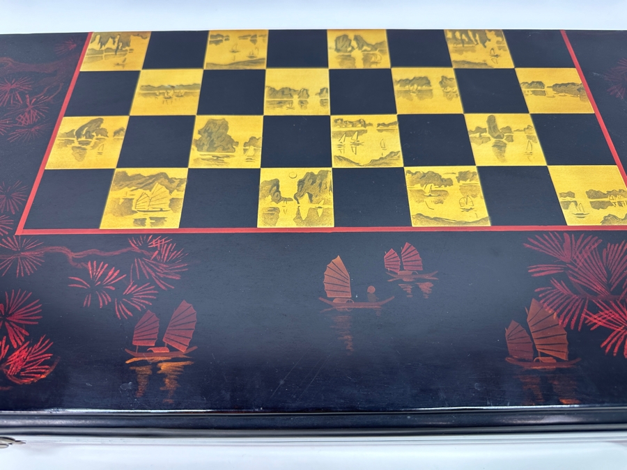 Just Added - Vintage Lacquer Wood Hand Painted Portable Folding Chess Board / Backgammon Board On Reverse 25 X 22 [Photo 2]