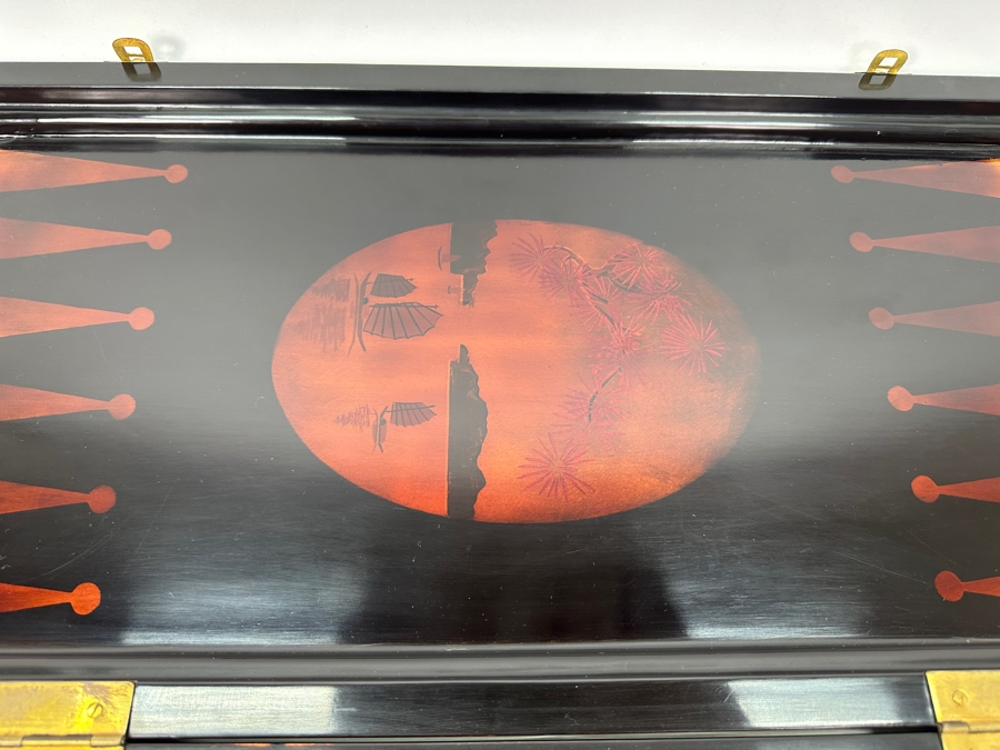 Just Added - Vintage Lacquer Wood Hand Painted Portable Folding Chess Board / Backgammon Board On Reverse 25 X 22 [Photo 5]