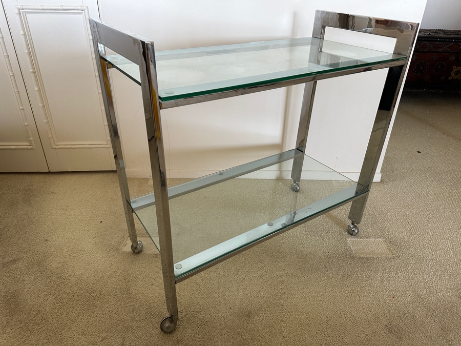 Stylish Mid-Century Modern Milo Baughman For DIA 'Flat-Bar' Chrome 2-Tier Rolling Bar Cart Serving Cart On Casters 33W X 16D X 32.25H [Photo 3]