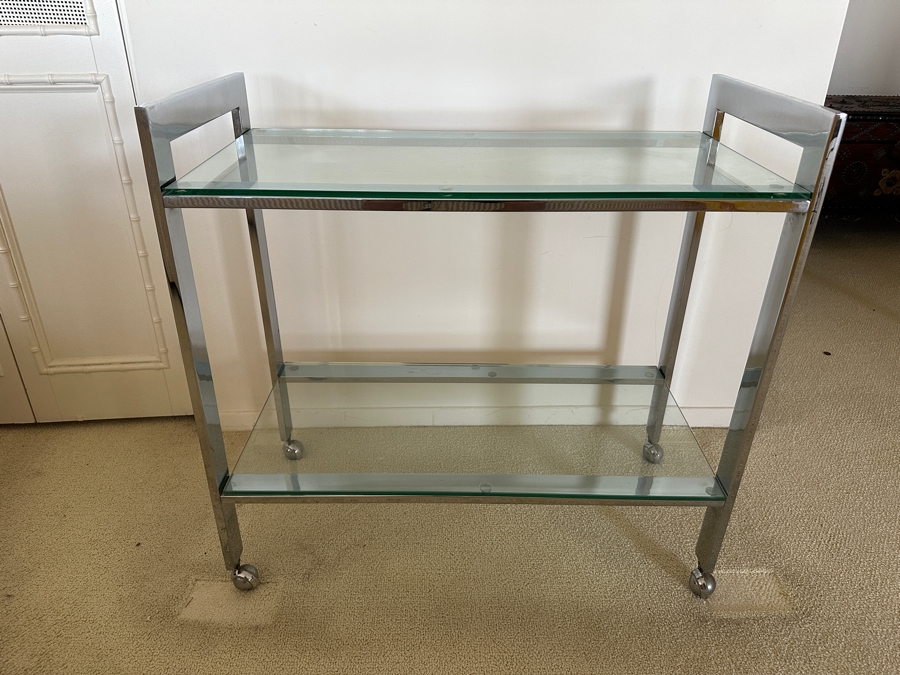 Stylish Mid-Century Modern Milo Baughman For DIA 'Flat-Bar' Chrome 2-Tier Rolling Bar Cart Serving Cart On Casters 33W X 16D X 32.25H [Photo 6]