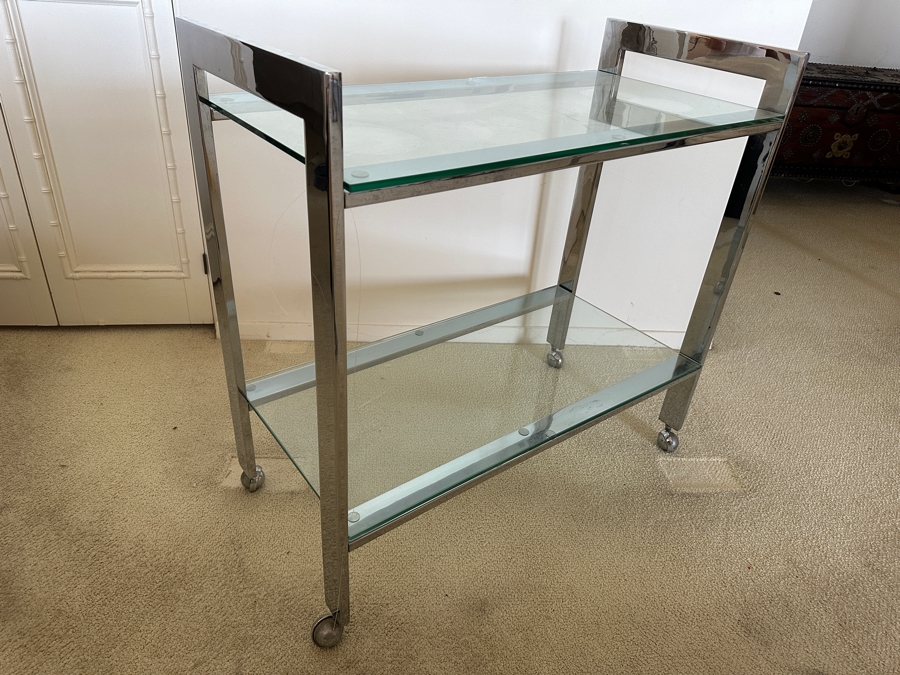Stylish Mid-Century Modern Milo Baughman For DIA 'Flat-Bar' Chrome 2-Tier Rolling Bar Cart Serving Cart On Casters 33W X 16D X 32.25H [Photo 4]