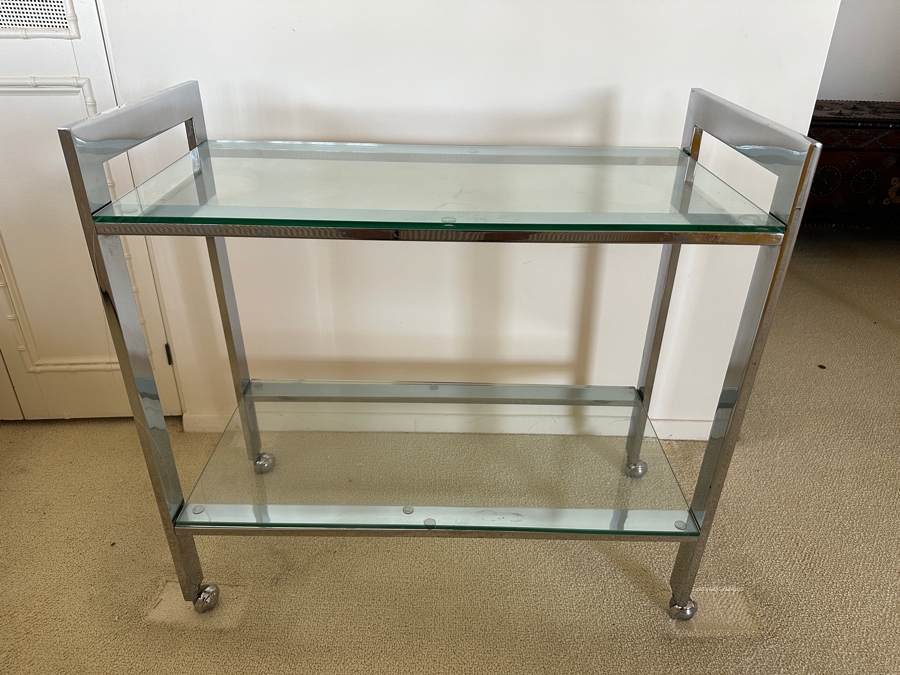 Stylish Mid-Century Modern Milo Baughman For DIA 'Flat-Bar' Chrome 2-Tier Rolling Bar Cart Serving Cart On Casters 33W X 16D X 32.25H [Photo 2]