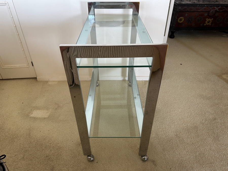 Stylish Mid-Century Modern Milo Baughman For DIA 'Flat-Bar' Chrome 2-Tier Rolling Bar Cart Serving Cart On Casters 33W X 16D X 32.25H [Photo 5]