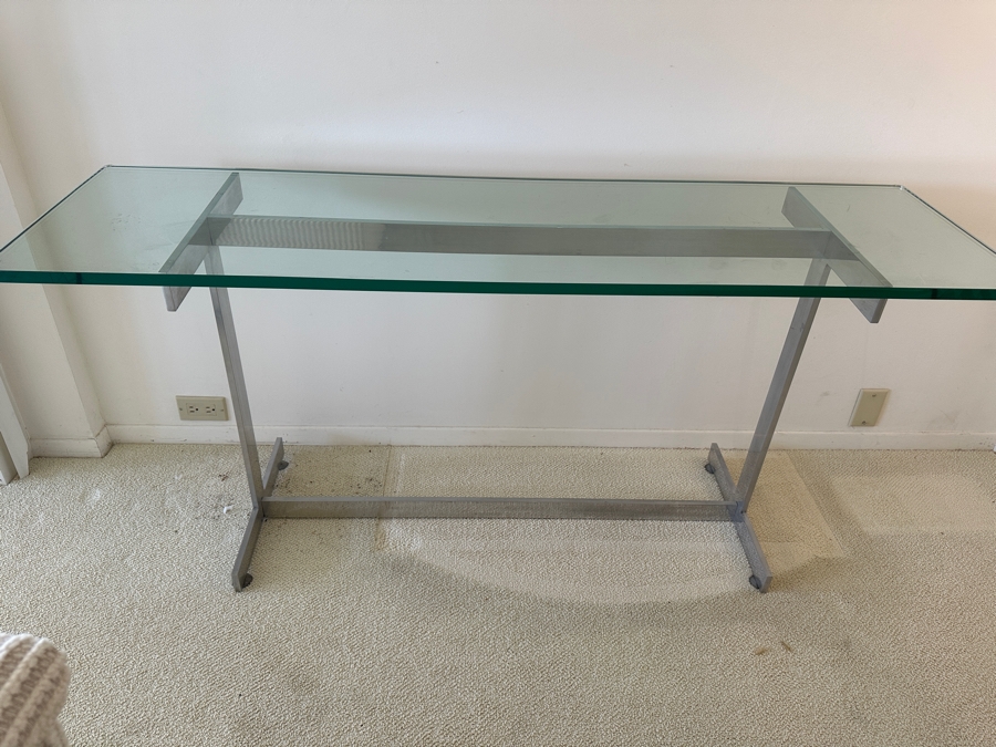 Chrome Base Glass Top Console Sofa Table In The Style Of Milo Baughman 60'W X 17'D X 28'H [Photo 3]