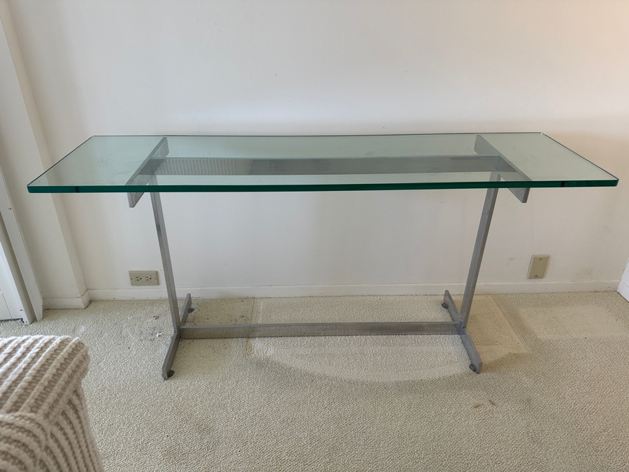 Chrome Base Glass Top Console Sofa Table In The Style Of Milo Baughman 60'W X 17'D X 28'H [Photo 2]