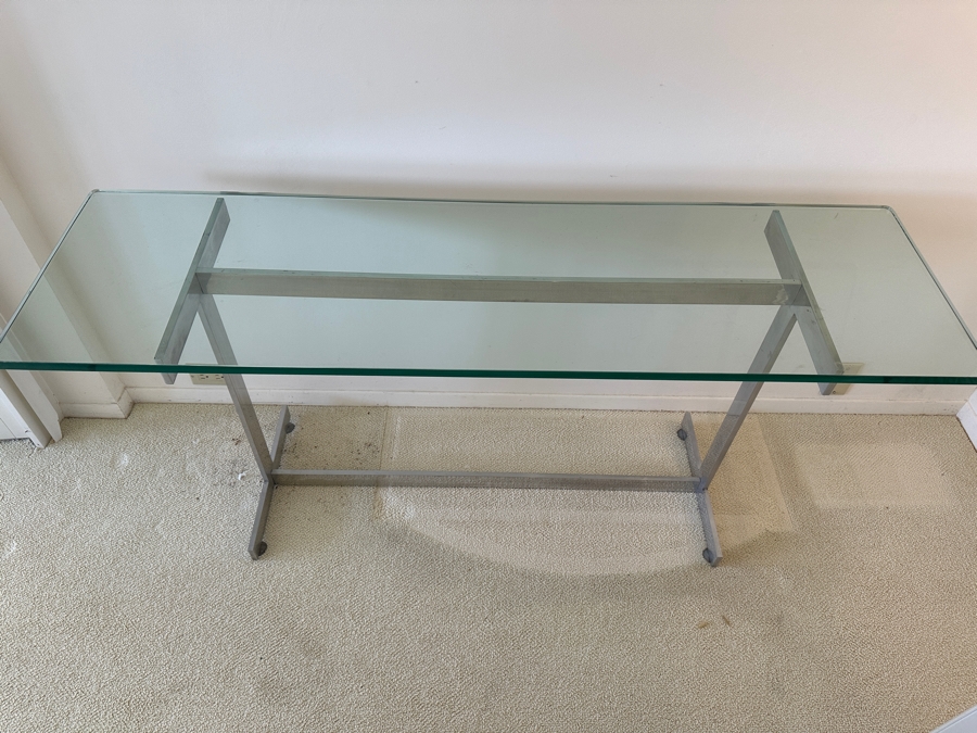 Chrome Base Glass Top Console Sofa Table In The Style Of Milo Baughman 60'W X 17'D X 28'H [Photo 5]