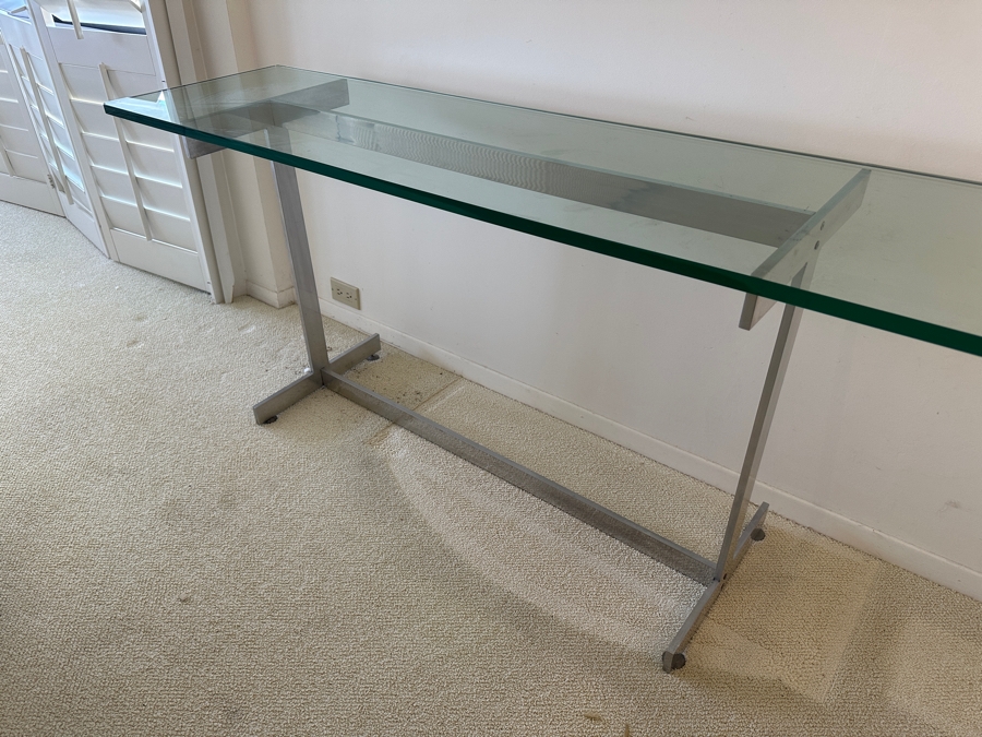 Chrome Base Glass Top Console Sofa Table In The Style Of Milo Baughman 60'W X 17'D X 28'H [Photo 4]