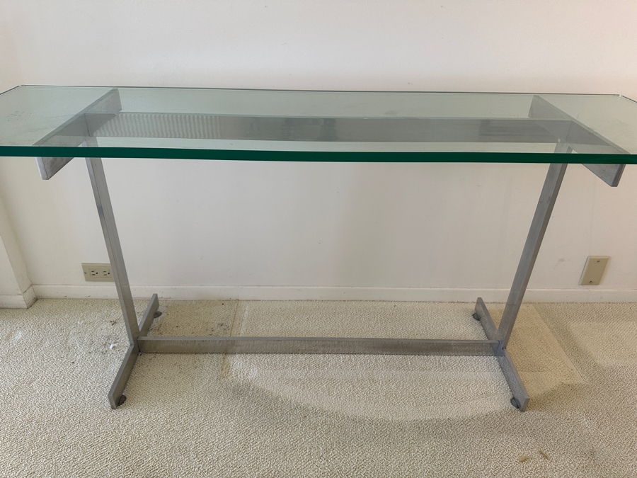 Chrome Base Glass Top Console Sofa Table In The Style Of Milo Baughman 60'W X 17'D X 28'H [Photo 6]