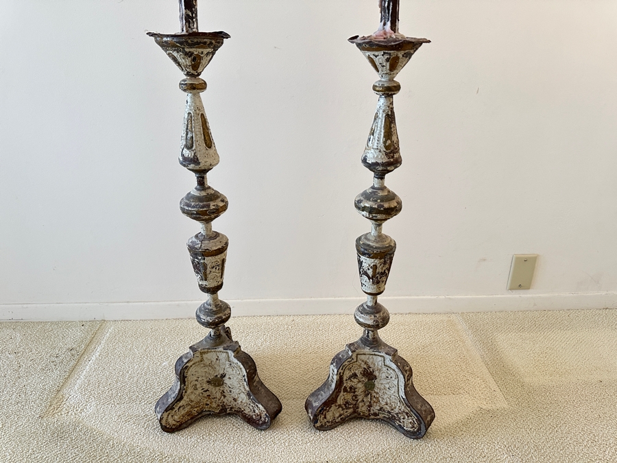 Antique Candle Prickets Freestanding Candle Holders Repousee Metal Italian / Possible Spainish 33'H Estimate $600 [Photo 2]
