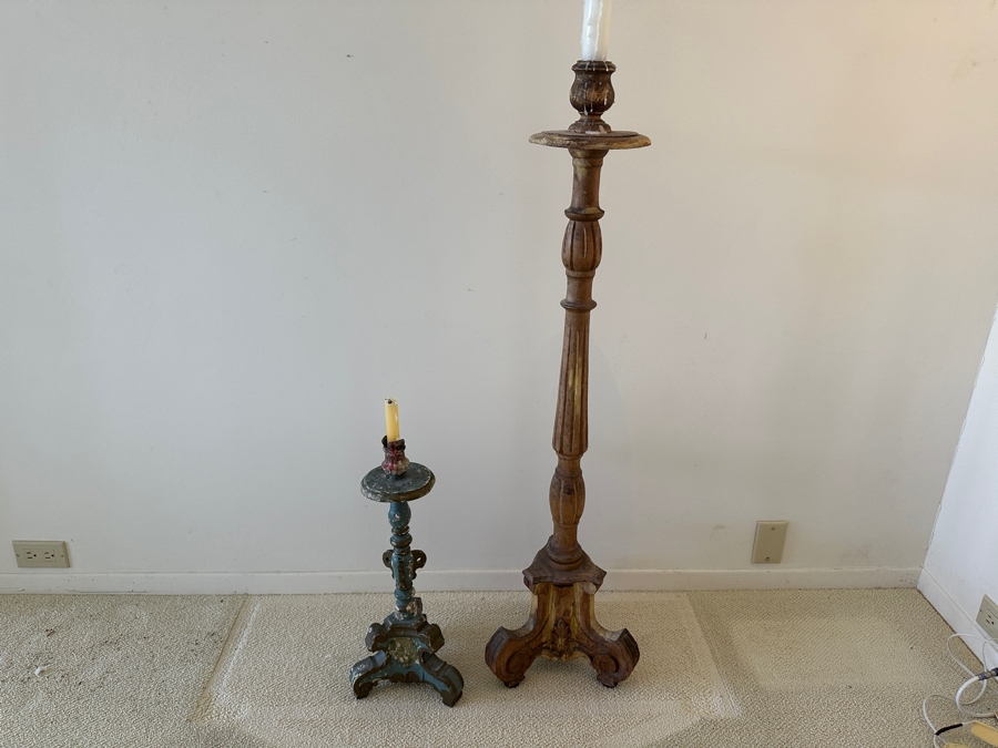 Pair Of Antique Wooden Candle Holders 21'H & 44'H Made In Spain [Photo 2]