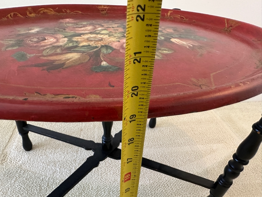 Antique Hand Painted Toleware Tray Table With Collapsible Wooden Stand 28W X 22.5D X 19.5H [Photo 11]