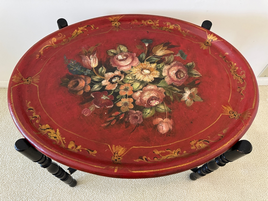 Antique Hand Painted Toleware Tray Table With Collapsible Wooden Stand 28W X 22.5D X 19.5H [Photo 6]