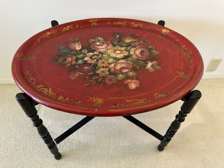 Antique Hand Painted Toleware Tray Table With Collapsible Wooden Stand 28W X 22.5D X 19.5H [Photo 5]