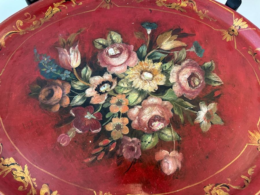 Antique Hand Painted Toleware Tray Table With Collapsible Wooden Stand 28W X 22.5D X 19.5H [Photo 3]
