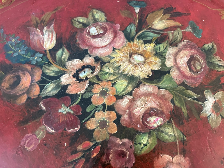 Antique Hand Painted Toleware Tray Table With Collapsible Wooden Stand 28W X 22.5D X 19.5H [Photo 4]