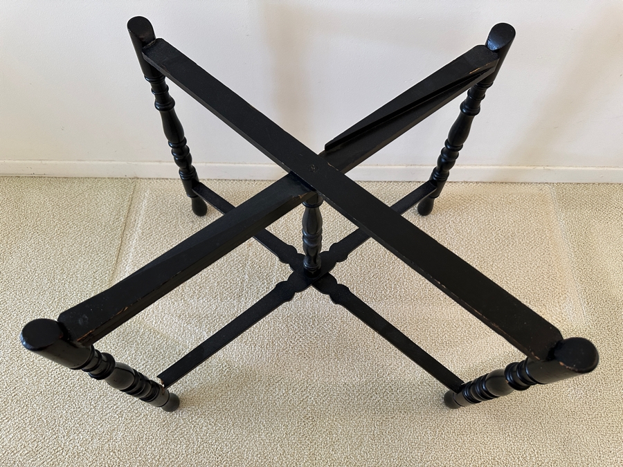 Antique Hand Painted Toleware Tray Table With Collapsible Wooden Stand 28W X 22.5D X 19.5H [Photo 7]