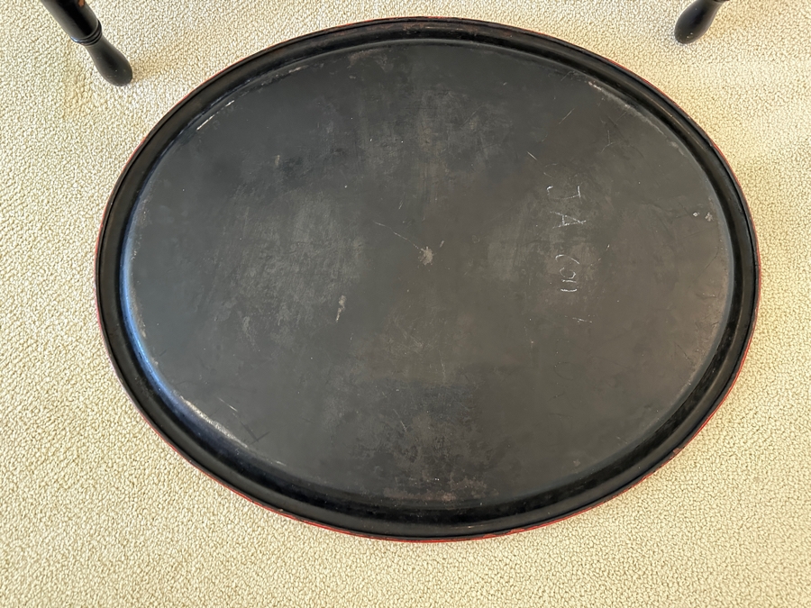 Antique Hand Painted Toleware Tray Table With Collapsible Wooden Stand 28W X 22.5D X 19.5H [Photo 8]