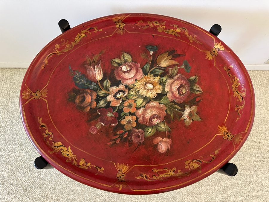 Antique Hand Painted Toleware Tray Table With Collapsible Wooden Stand 28W X 22.5D X 19.5H [Photo 2]