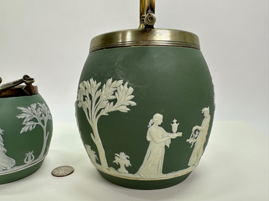 Pair Of Vintage Wedgwood Green Jasperware Barrel Jars 7H & 4.5H [Photo 7]