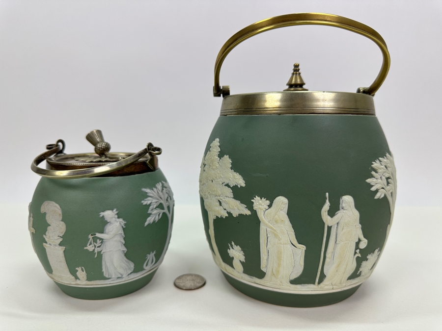 Pair Of Vintage Wedgwood Green Jasperware Barrel Jars 7H & 4.5H [Photo 3]