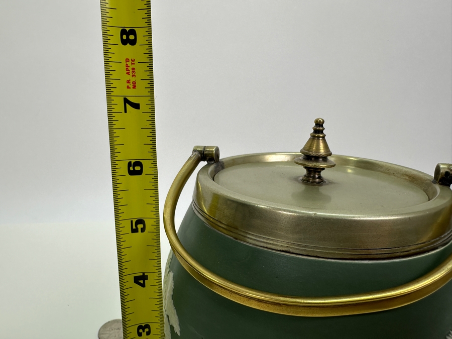 Pair Of Vintage Wedgwood Green Jasperware Barrel Jars 7H & 4.5H [Photo 23]