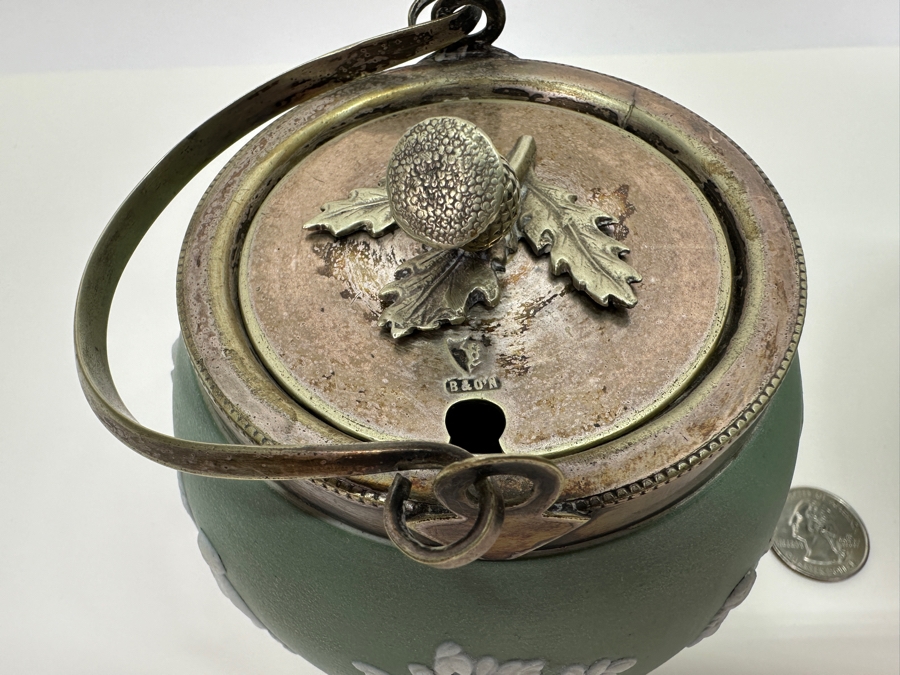 Pair Of Vintage Wedgwood Green Jasperware Barrel Jars 7H & 4.5H [Photo 12]