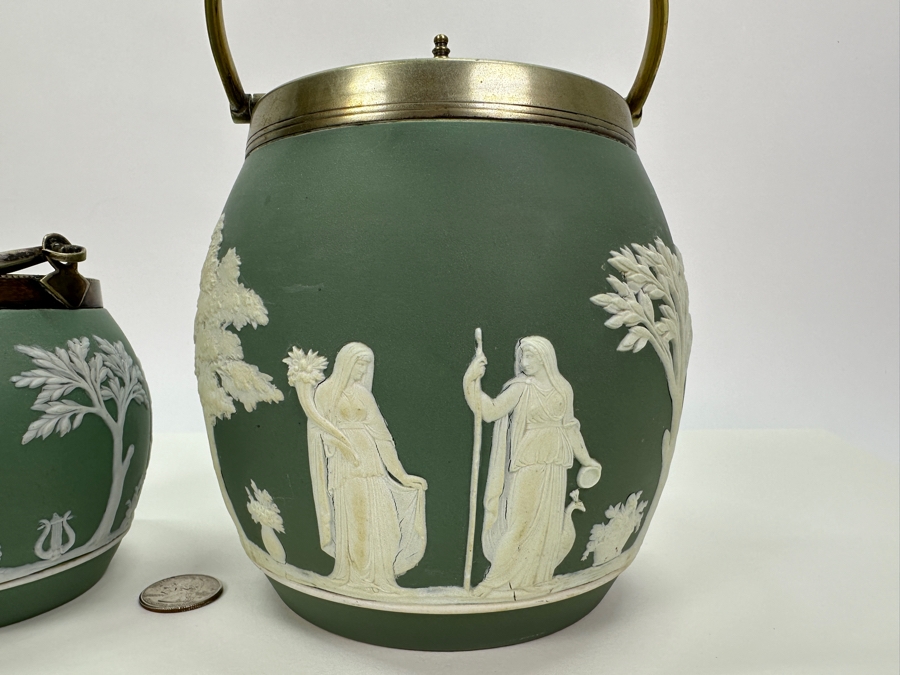 Pair Of Vintage Wedgwood Green Jasperware Barrel Jars 7H & 4.5H [Photo 4]