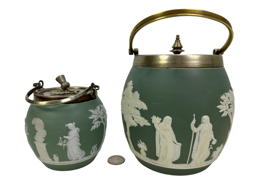 Pair Of Vintage Wedgwood Green Jasperware Barrel Jars 7H & 4.5H