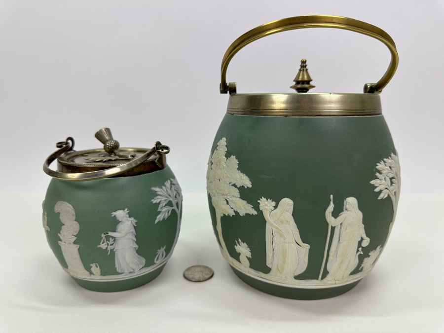 Pair Of Vintage Wedgwood Green Jasperware Barrel Jars 7H & 4.5H [Photo 2]