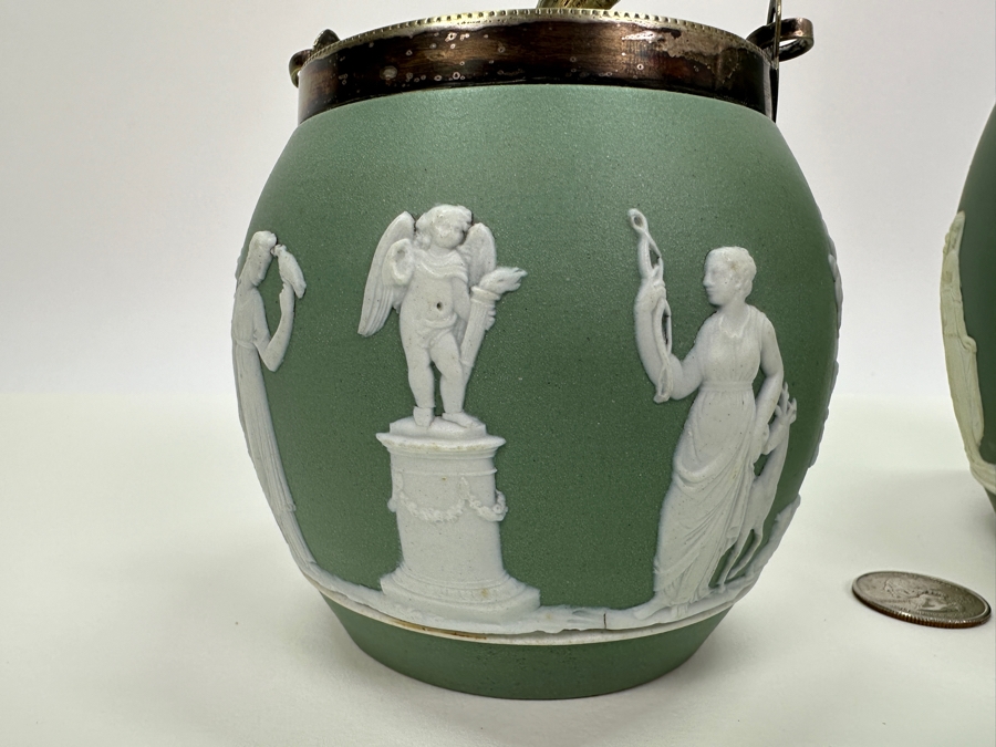 Pair Of Vintage Wedgwood Green Jasperware Barrel Jars 7H & 4.5H [Photo 10]