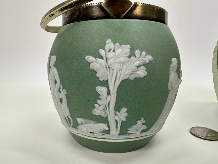 Pair Of Vintage Wedgwood Green Jasperware Barrel Jars 7H & 4.5H [Photo 11]