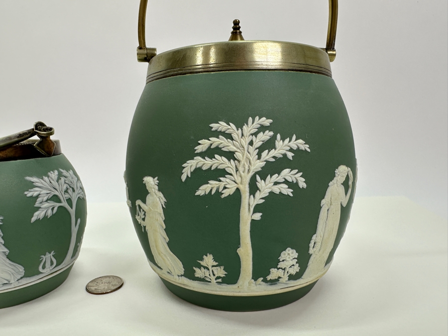 Pair Of Vintage Wedgwood Green Jasperware Barrel Jars 7H & 4.5H [Photo 6]