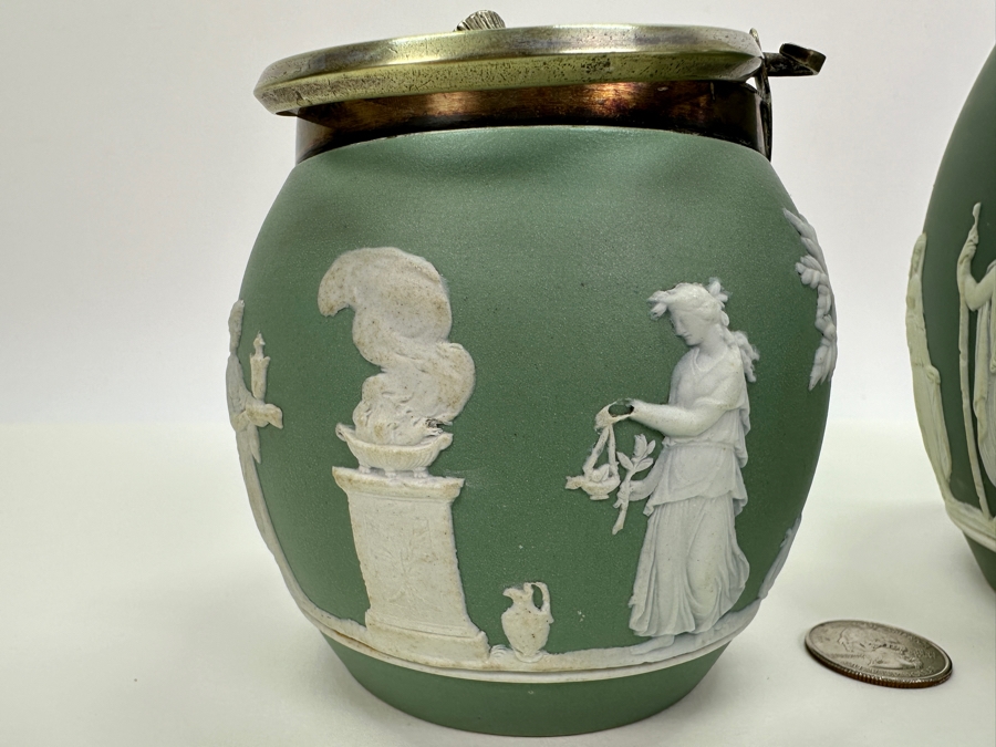 Pair Of Vintage Wedgwood Green Jasperware Barrel Jars 7H & 4.5H [Photo 8]