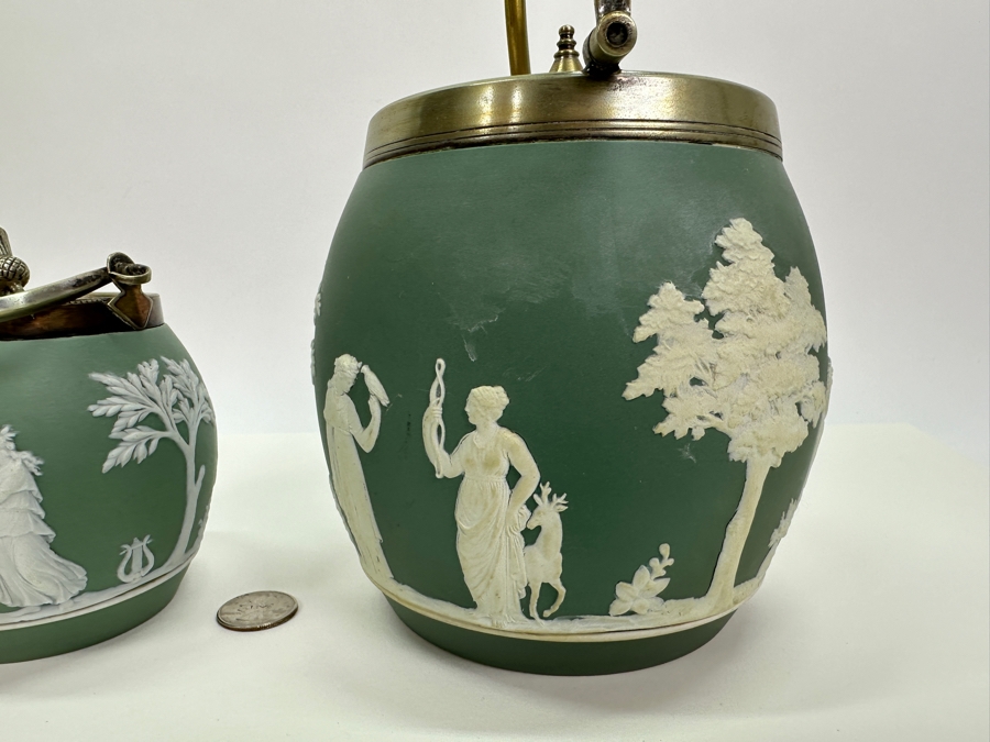 Pair Of Vintage Wedgwood Green Jasperware Barrel Jars 7H & 4.5H [Photo 5]