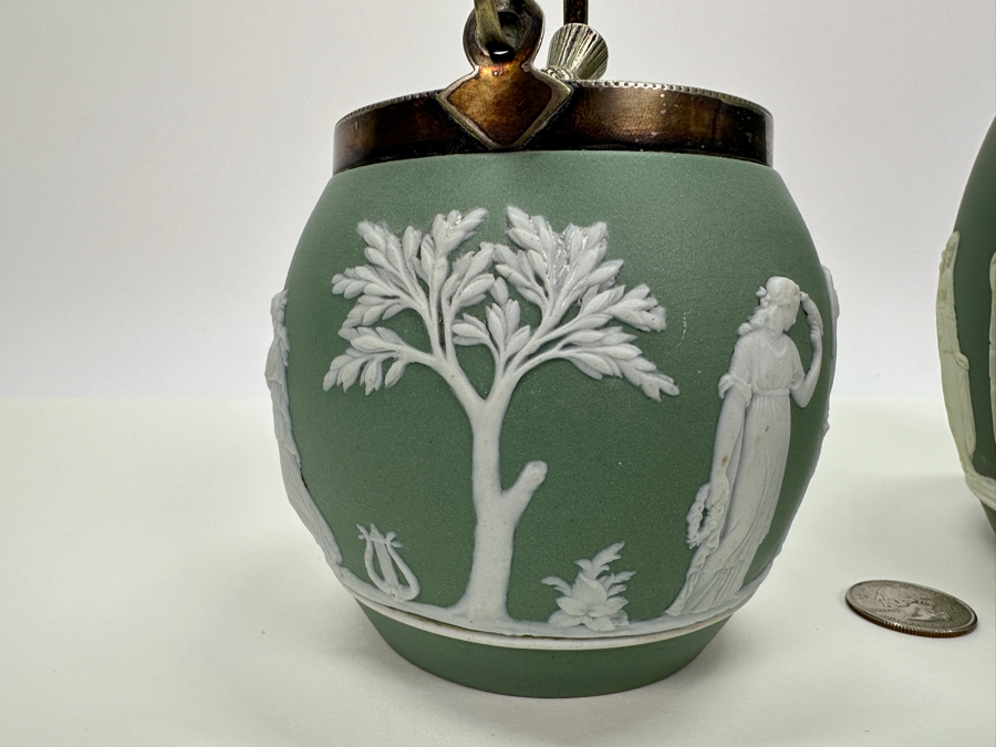 Pair Of Vintage Wedgwood Green Jasperware Barrel Jars 7H & 4.5H [Photo 9]