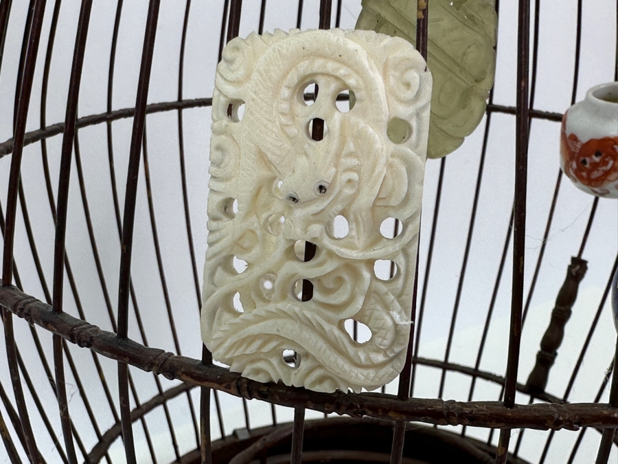 Vintage Chinese Barrel-Form Birdcage With Waterpots And Ornamentation 15H [Photo 8]