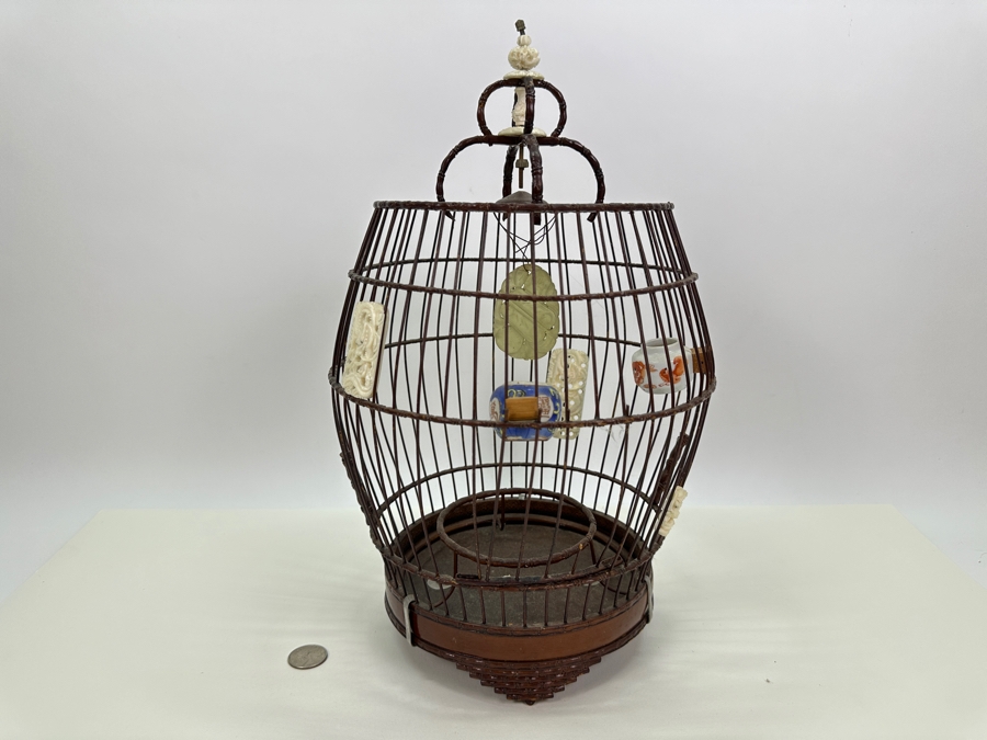 Vintage Chinese Barrel-Form Birdcage With Waterpots And Ornamentation 15H