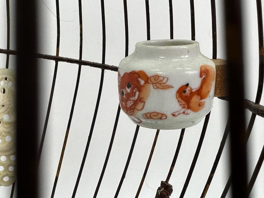 Vintage Chinese Barrel-Form Birdcage With Waterpots And Ornamentation 15H [Photo 6]