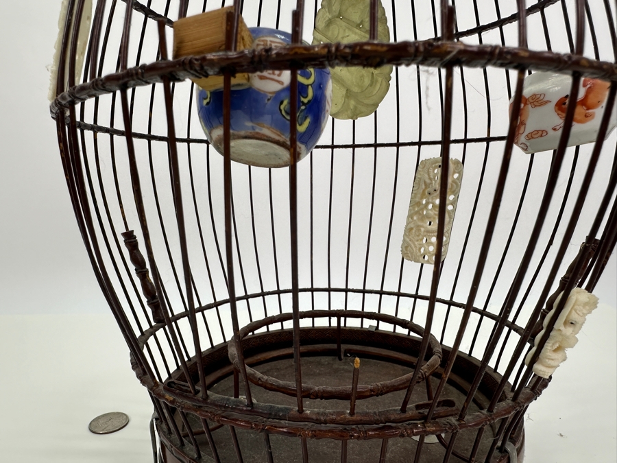 Vintage Chinese Barrel-Form Birdcage With Waterpots And Ornamentation 15H [Photo 12]