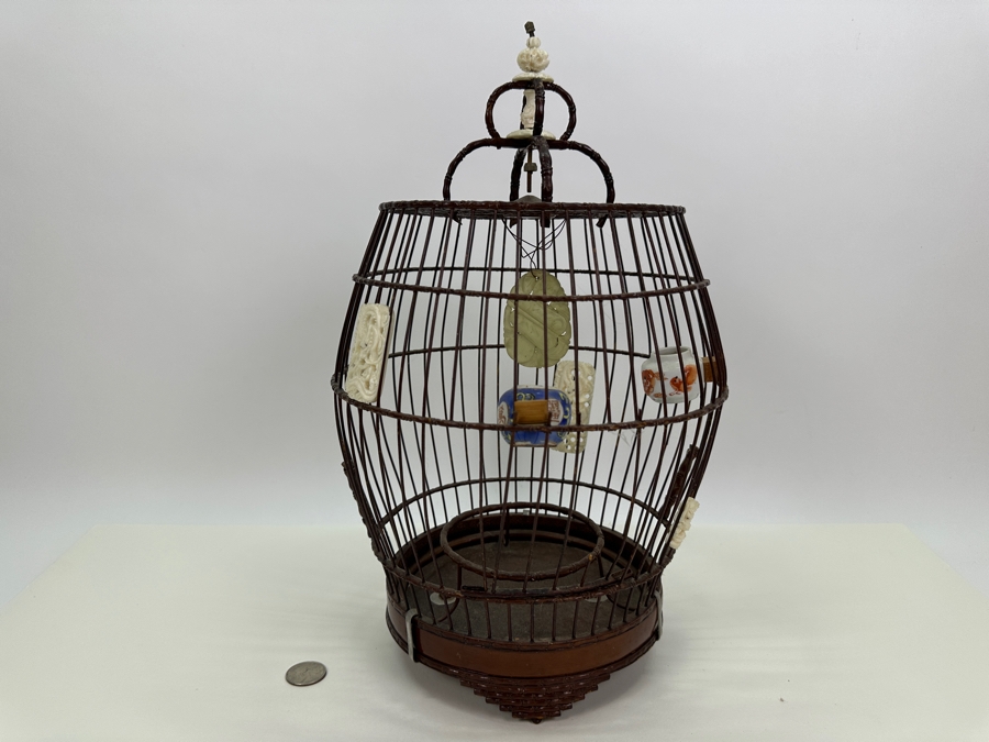 Vintage Chinese Barrel-Form Birdcage With Waterpots And Ornamentation 15H [Photo 2]